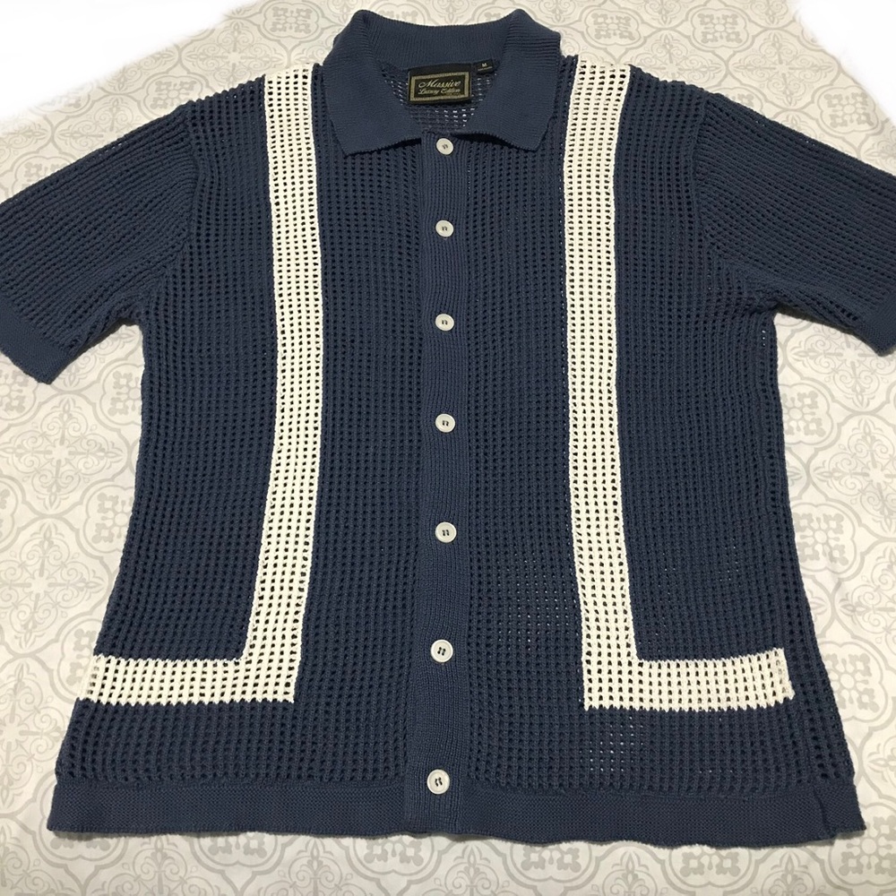 Massive Luxury Edition (Size M) Mens Crochet Knit Polo Shirt Summer, Blue/White